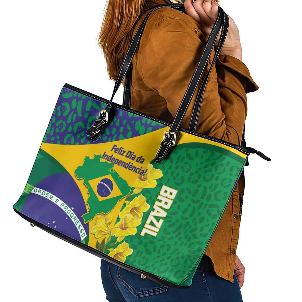 Brazil Independence Day Leather Tote Bag Ordem e Progresso Map With Golden Trumpet - Wonder Print Shop