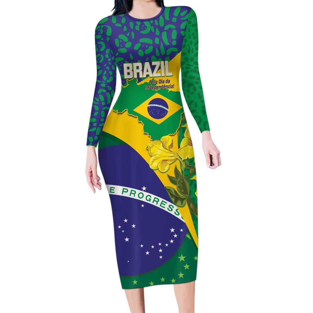 Brazil Independence Day Long Sleeve Bodycon Dress Ordem e Progresso Map With Golden Trumpet - Wonder Print Shop