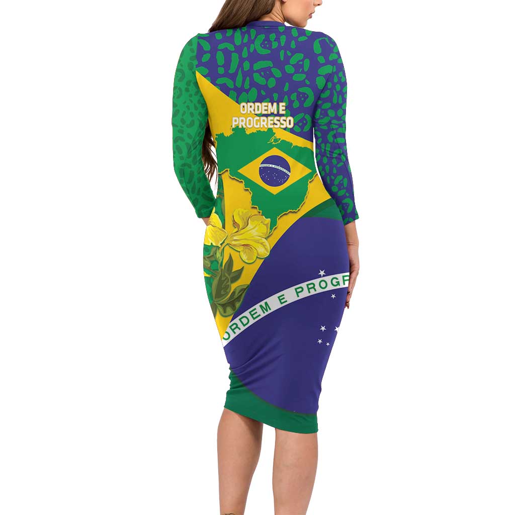 Brazil Independence Day Long Sleeve Bodycon Dress Ordem e Progresso Map With Golden Trumpet - Wonder Print Shop