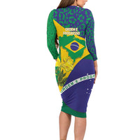 Brazil Independence Day Long Sleeve Bodycon Dress Ordem e Progresso Map With Golden Trumpet - Wonder Print Shop