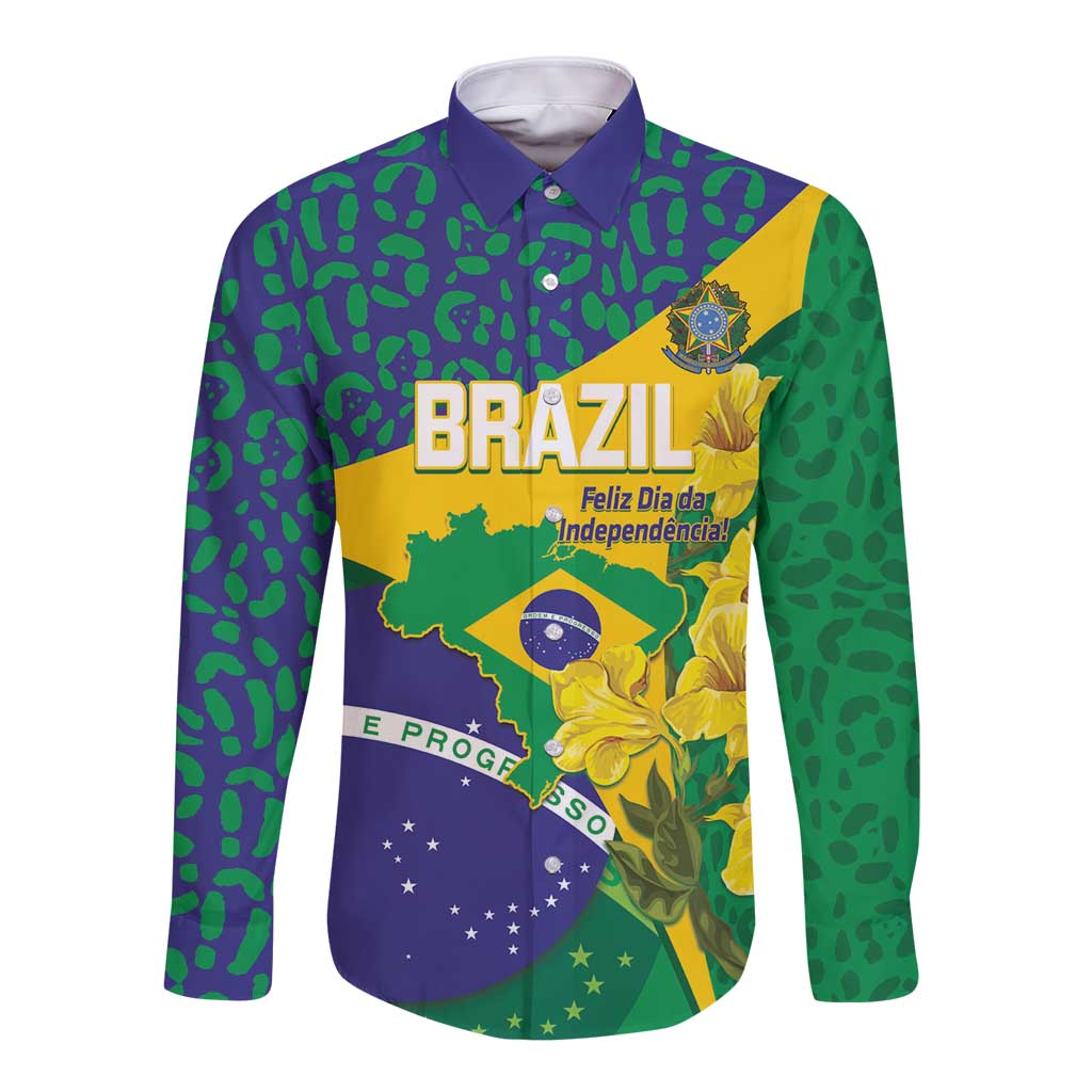 Brazil Independence Day Long Sleeve Button Shirt Ordem e Progresso Map With Golden Trumpet - Wonder Print Shop