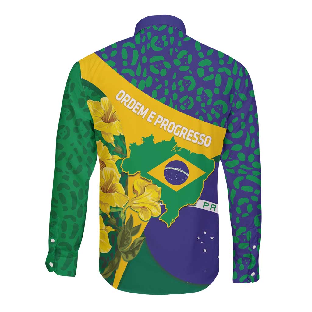 Brazil Independence Day Long Sleeve Button Shirt Ordem e Progresso Map With Golden Trumpet - Wonder Print Shop
