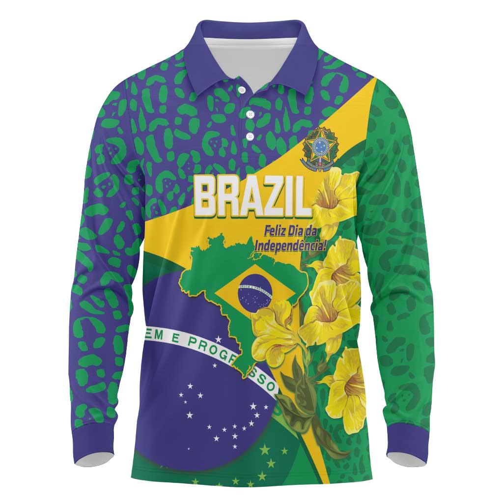 Brazil Independence Day Long Sleeve Polo Shirt Ordem e Progresso Map With Golden Trumpet - Wonder Print Shop