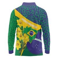 Brazil Independence Day Long Sleeve Polo Shirt Ordem e Progresso Map With Golden Trumpet - Wonder Print Shop