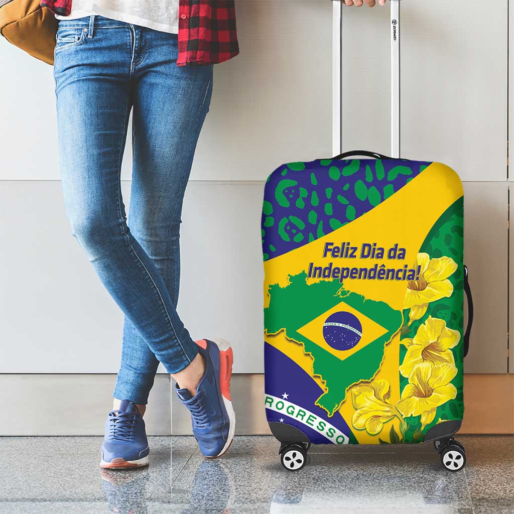 Brazil Independence Day Luggage Cover Ordem e Progresso Map With Golden Trumpet - Wonder Print Shop