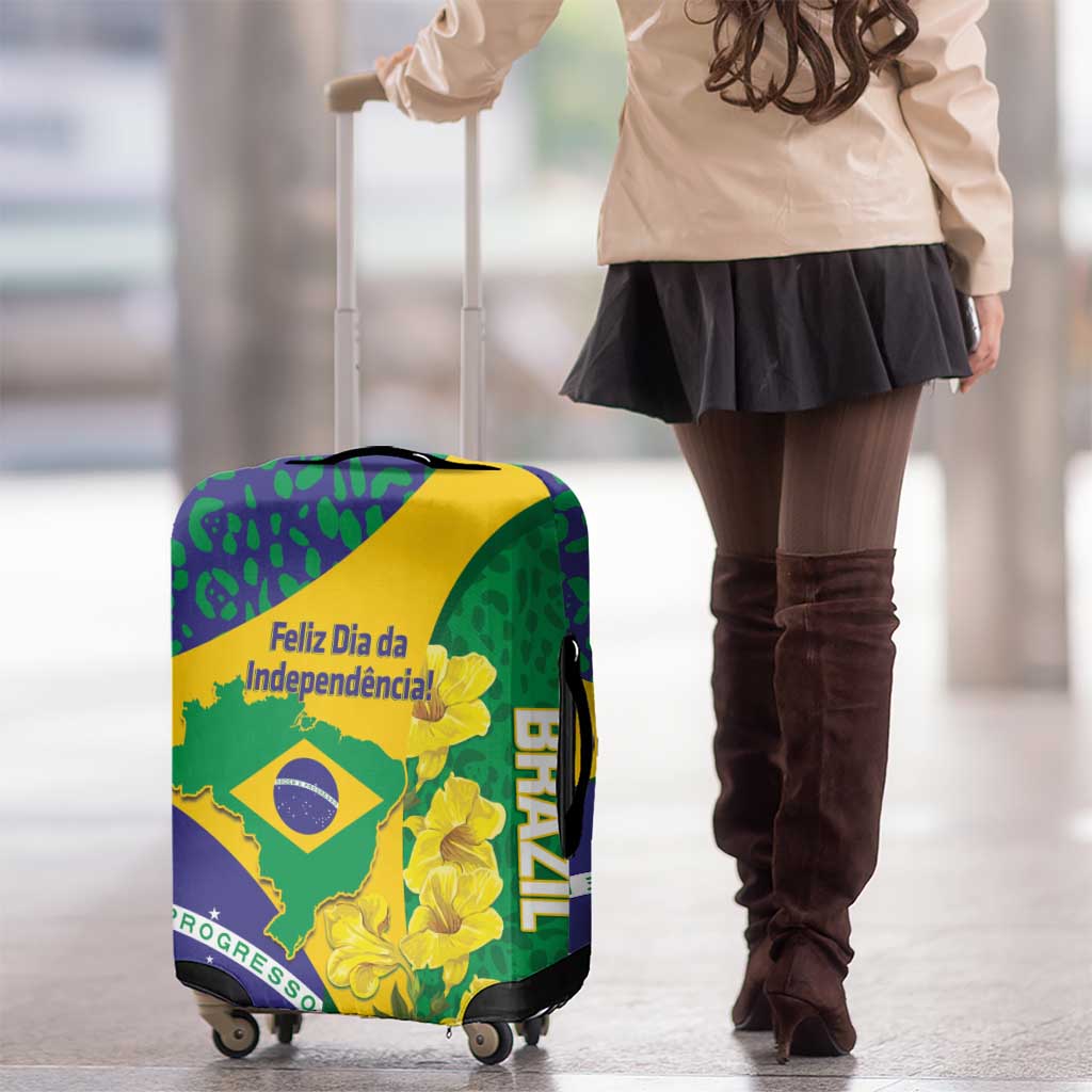 Brazil Independence Day Luggage Cover Ordem e Progresso Map With Golden Trumpet - Wonder Print Shop