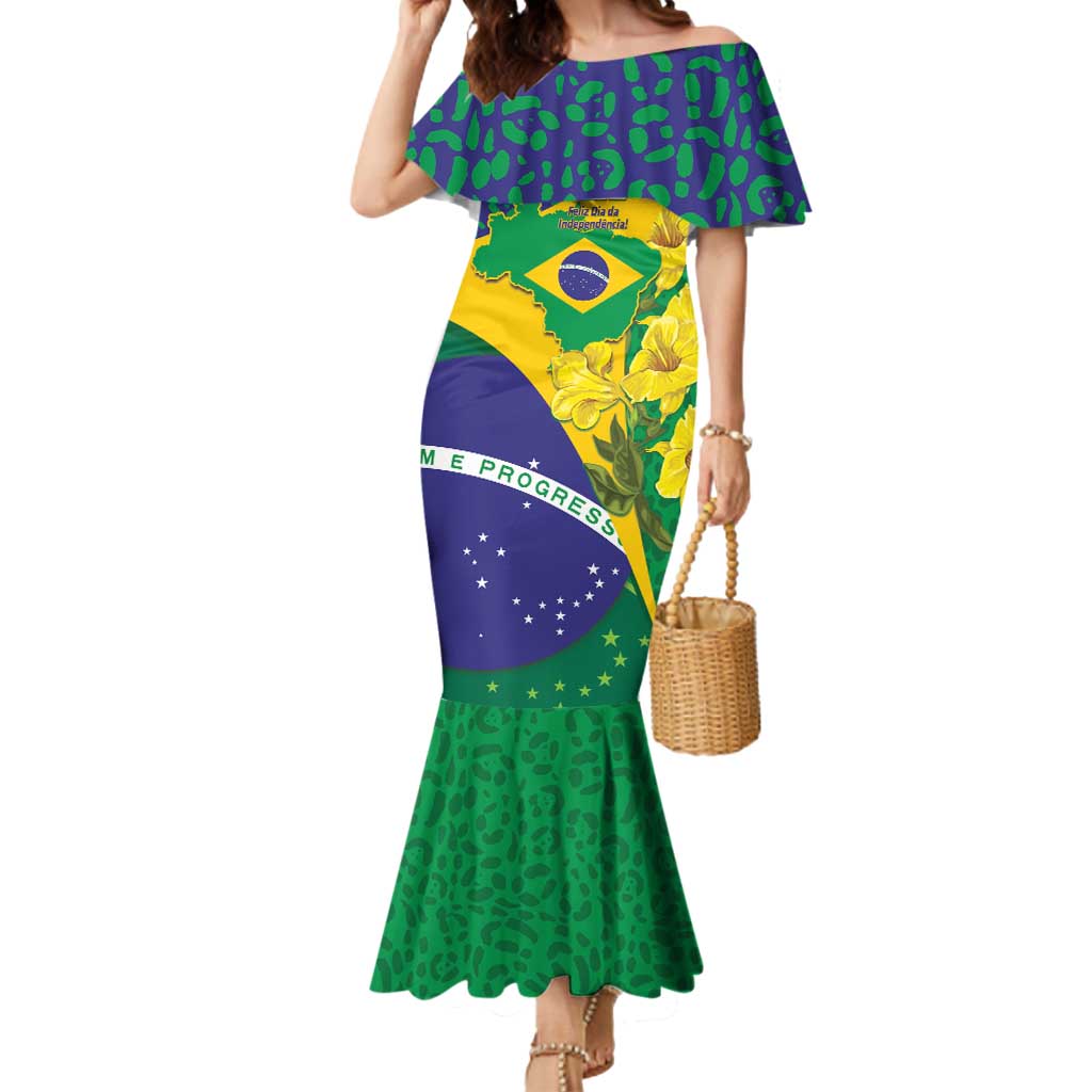 Brazil Independence Day Mermaid Dress Ordem e Progresso Map With Golden Trumpet - Wonder Print Shop