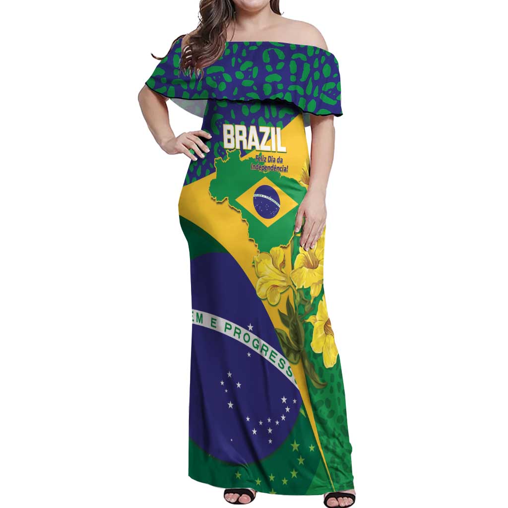 Brazil Independence Day Off Shoulder Maxi Dress Ordem e Progresso Map With Golden Trumpet - Wonder Print Shop
