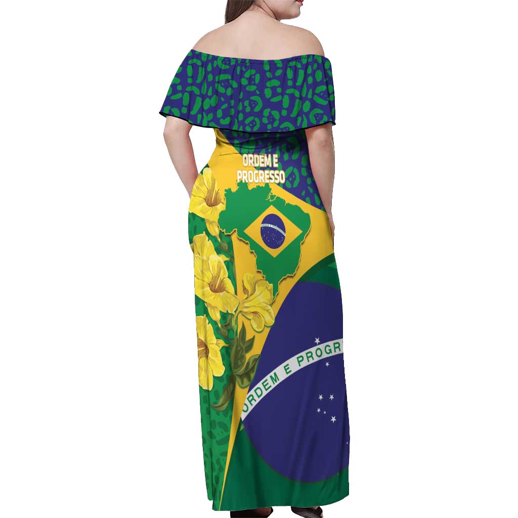 Brazil Independence Day Off Shoulder Maxi Dress Ordem e Progresso Map With Golden Trumpet - Wonder Print Shop