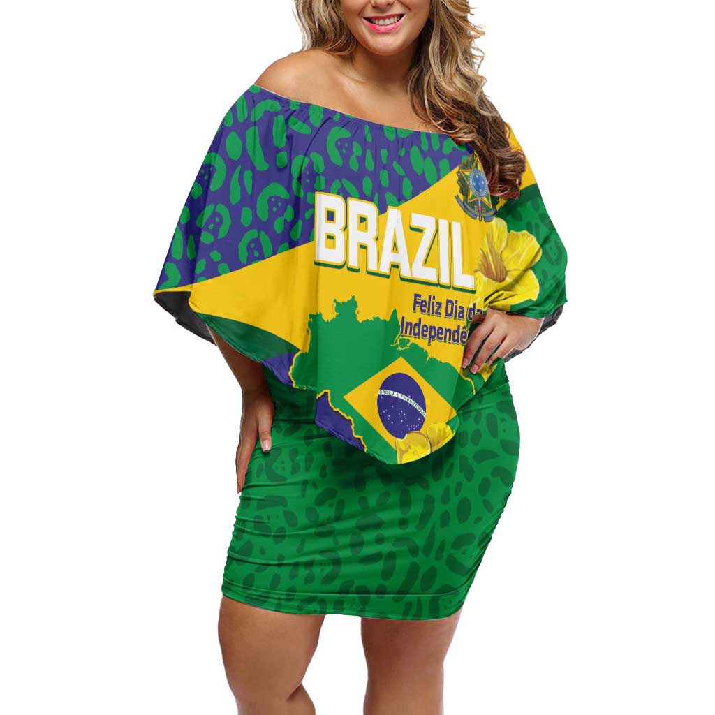 Brazil Independence Day Off Shoulder Short Dress Ordem e Progresso Map With Golden Trumpet - Wonder Print Shop