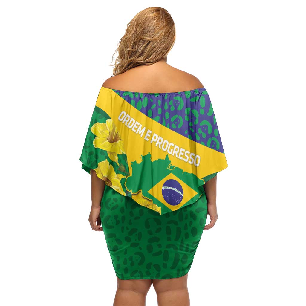 Brazil Independence Day Off Shoulder Short Dress Ordem e Progresso Map With Golden Trumpet - Wonder Print Shop