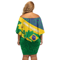 Brazil Independence Day Off Shoulder Short Dress Ordem e Progresso Map With Golden Trumpet - Wonder Print Shop