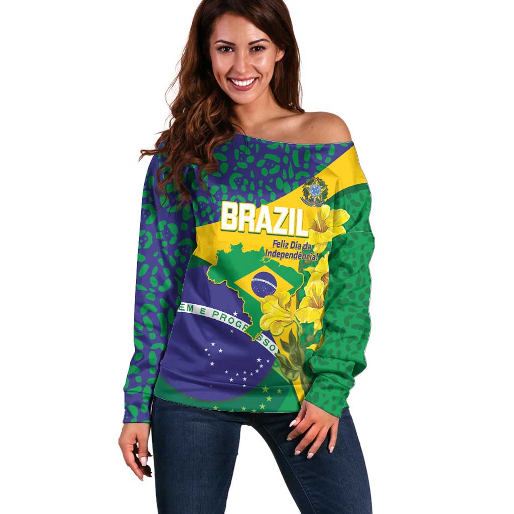 Brazil Independence Day Off Shoulder Sweater Ordem e Progresso Map With Golden Trumpet - Wonder Print Shop