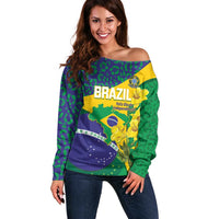 Brazil Independence Day Off Shoulder Sweater Ordem e Progresso Map With Golden Trumpet - Wonder Print Shop