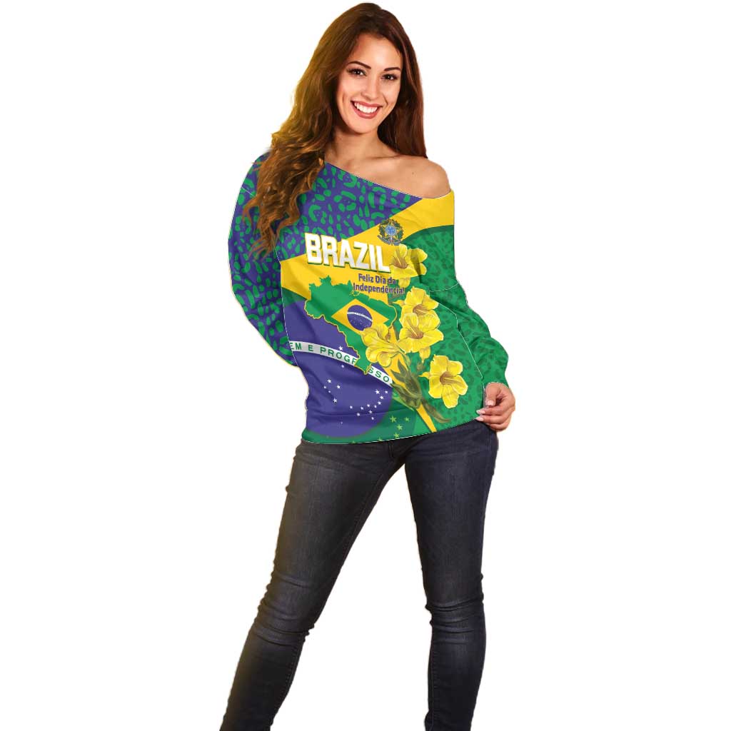 Brazil Independence Day Off Shoulder Sweater Ordem e Progresso Map With Golden Trumpet - Wonder Print Shop