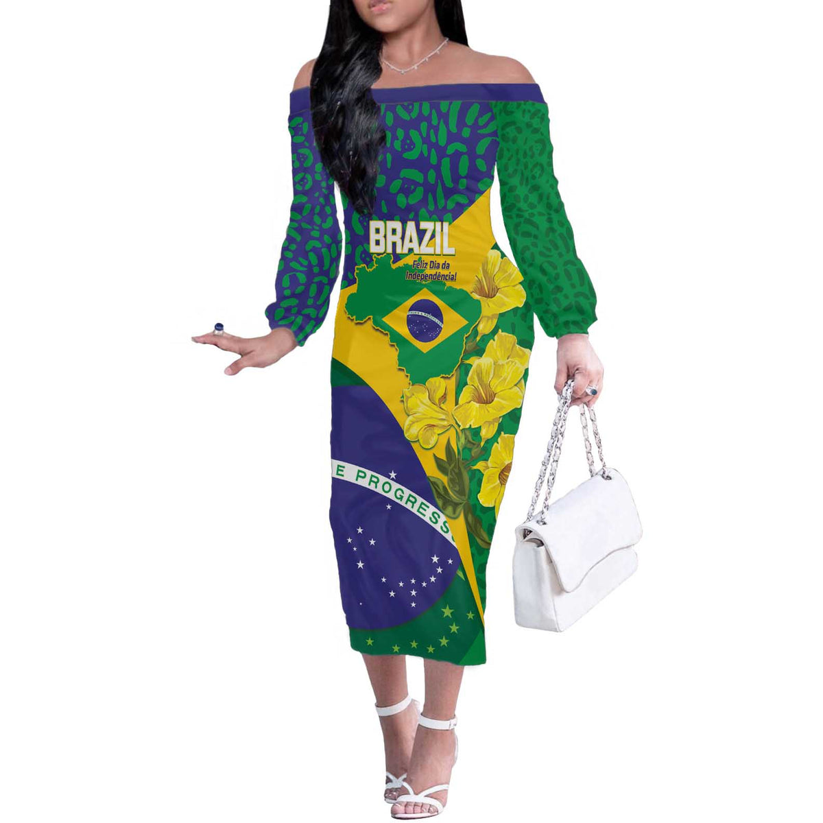 Brazil Independence Day Off The Shoulder Long Sleeve Dress Ordem e Progresso Map With Golden Trumpet - Wonder Print Shop