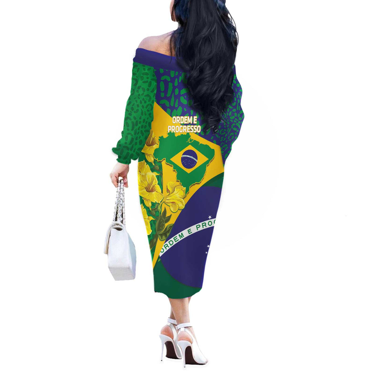 Brazil Independence Day Off The Shoulder Long Sleeve Dress Ordem e Progresso Map With Golden Trumpet - Wonder Print Shop