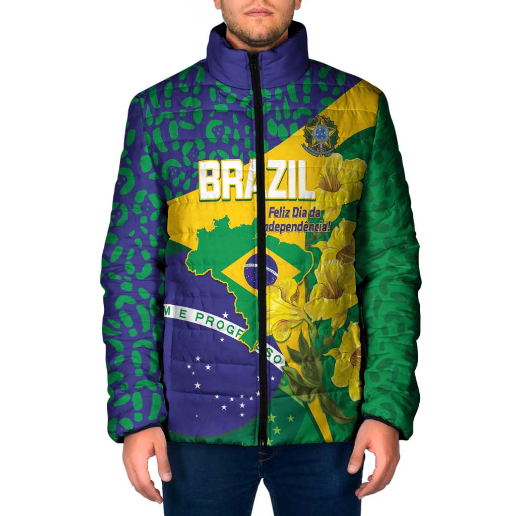 Brazil Independence Day Padded Jacket Ordem e Progresso Map With Golden Trumpet - Wonder Print Shop