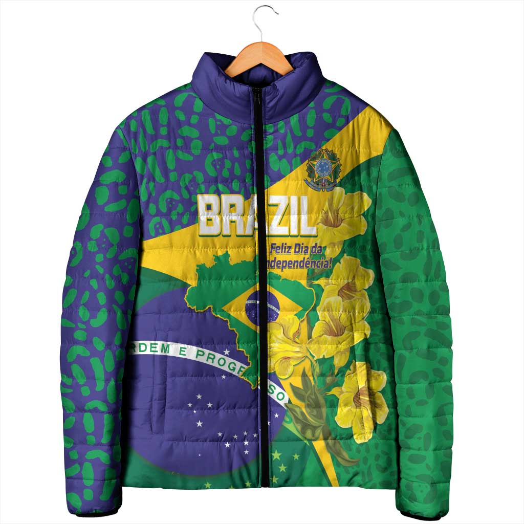 Brazil Independence Day Padded Jacket Ordem e Progresso Map With Golden Trumpet - Wonder Print Shop