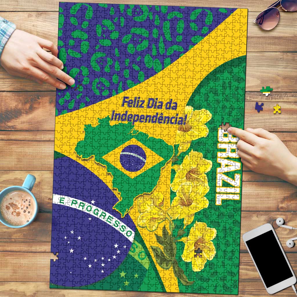 Brazil Independence Day Puzzle Ordem e Progresso Map With Golden Trumpet - Wonder Print Shop