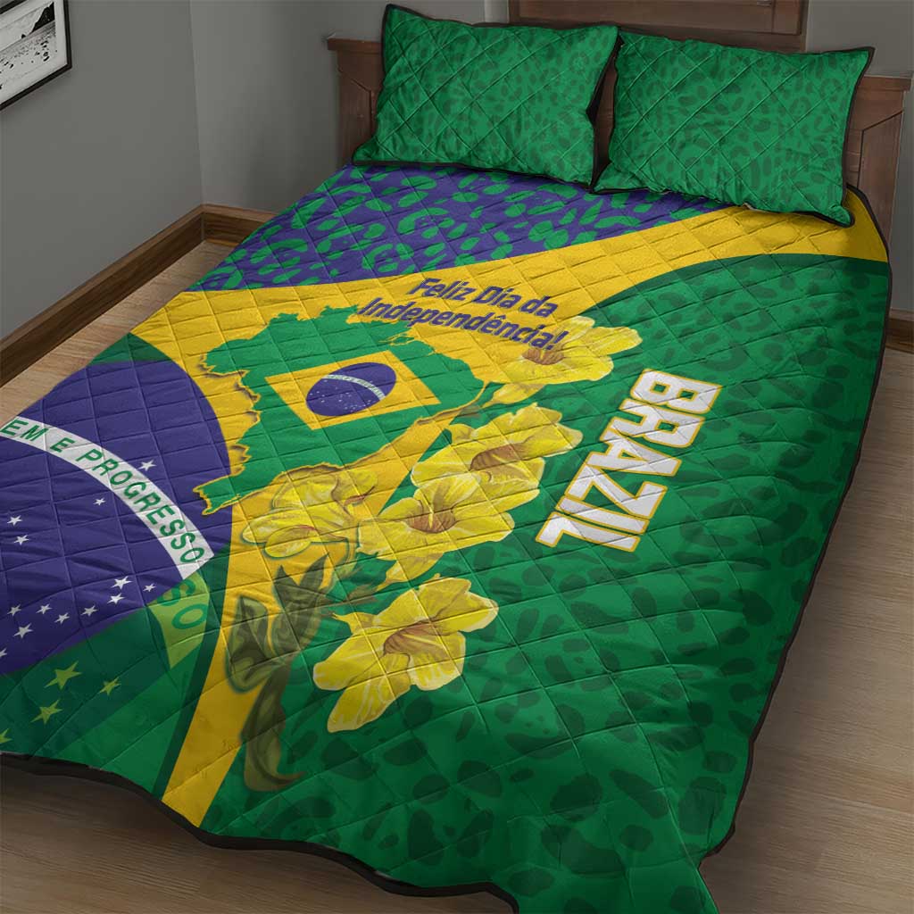 Brazil Independence Day Quilt Bed Set Ordem e Progresso Map With Golden Trumpet - Wonder Print Shop