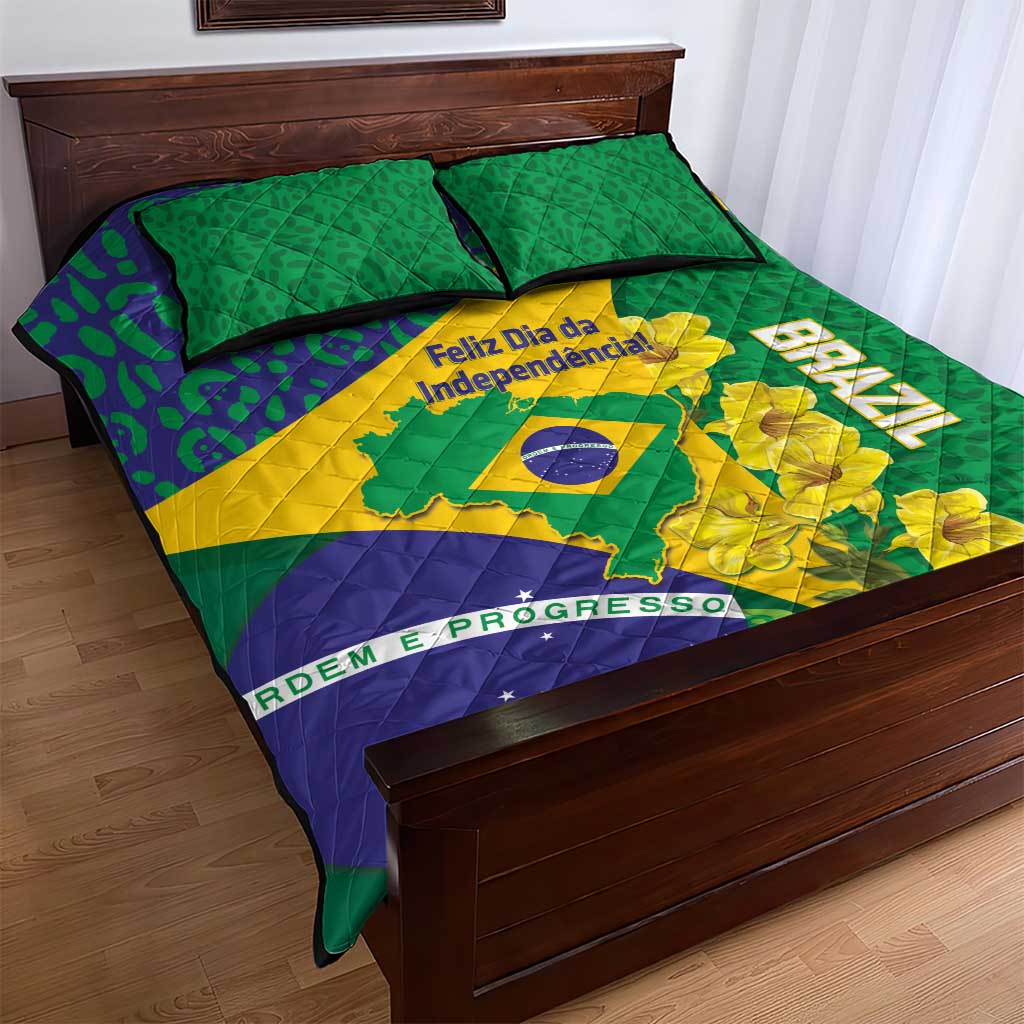 Brazil Independence Day Quilt Bed Set Ordem e Progresso Map With Golden Trumpet - Wonder Print Shop
