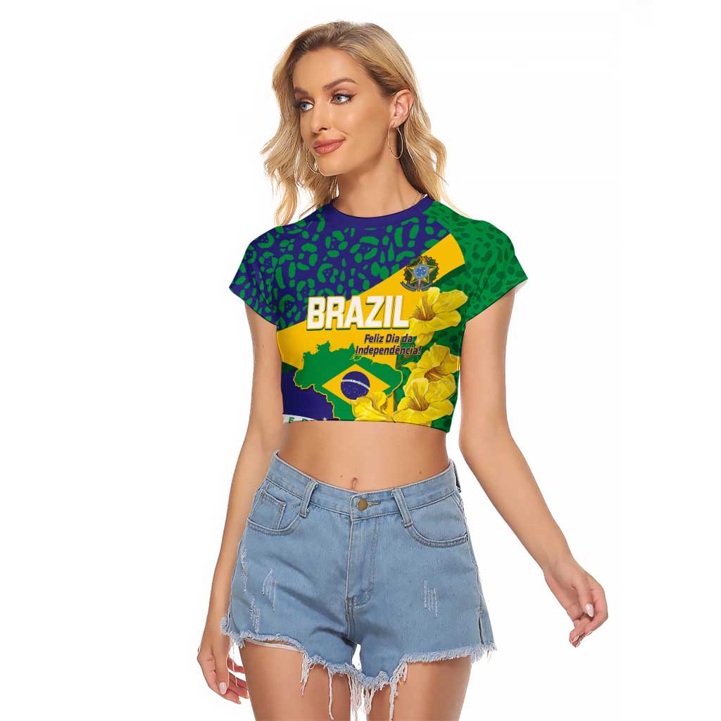 Brazil Independence Day Raglan Cropped T Shirt Ordem e Progresso Map With Golden Trumpet - Wonder Print Shop