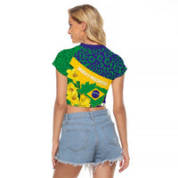 Brazil Independence Day Raglan Cropped T Shirt Ordem e Progresso Map With Golden Trumpet - Wonder Print Shop
