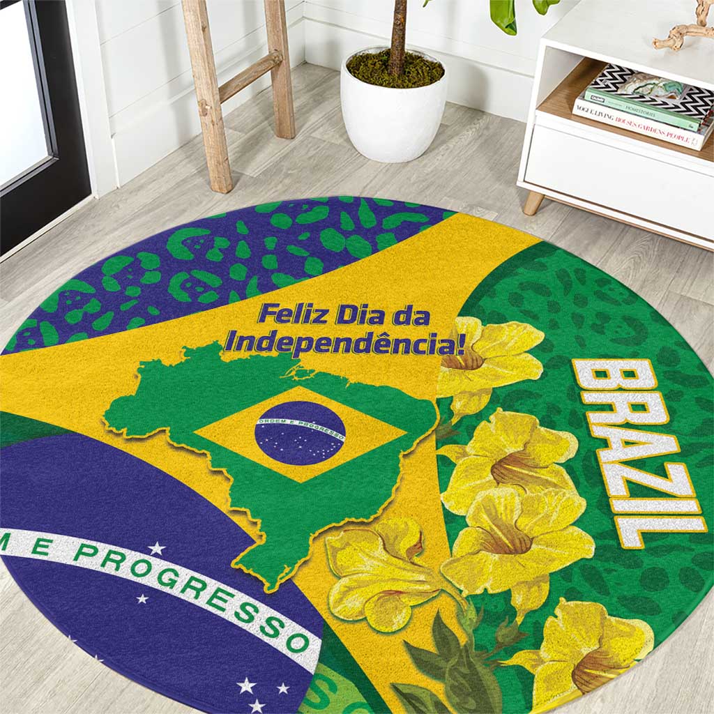 Brazil Independence Day Round Carpet Ordem e Progresso Map With Golden Trumpet - Wonder Print Shop