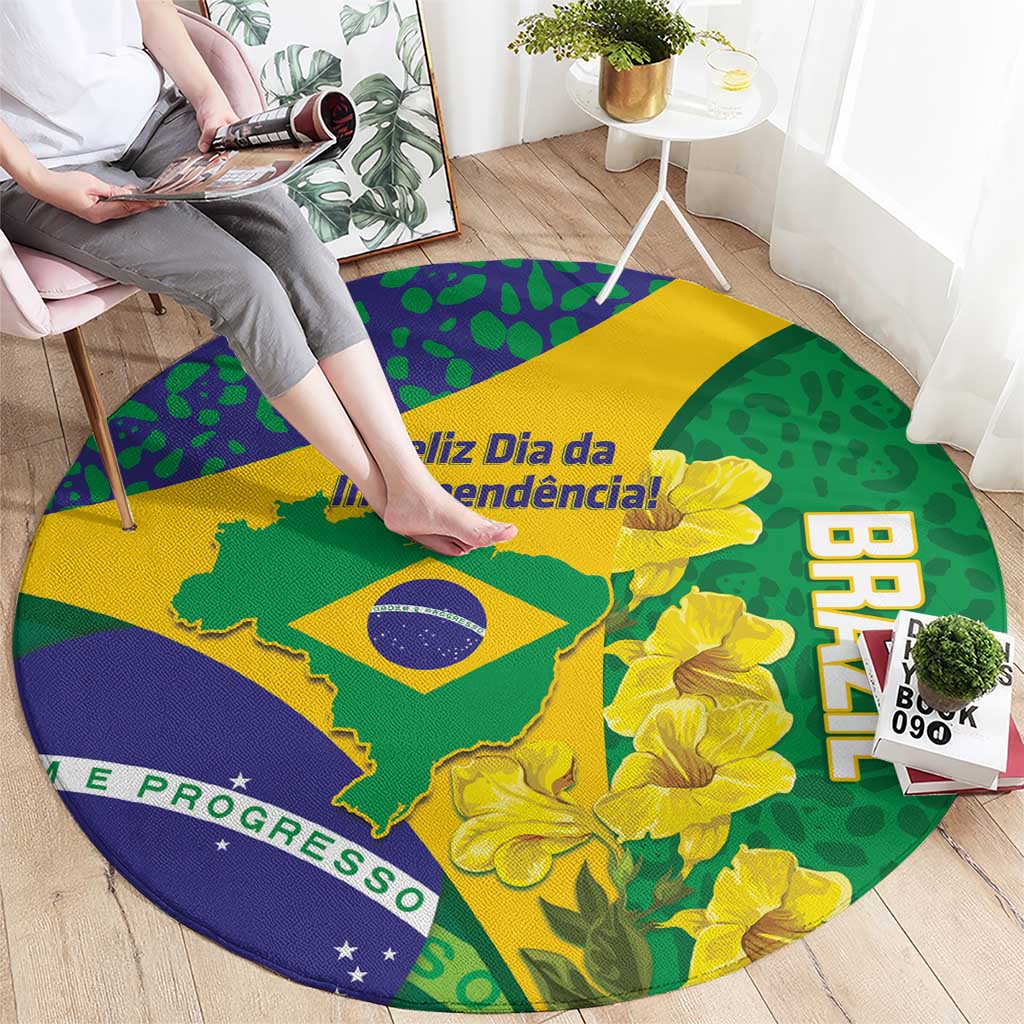 Brazil Independence Day Round Carpet Ordem e Progresso Map With Golden Trumpet - Wonder Print Shop