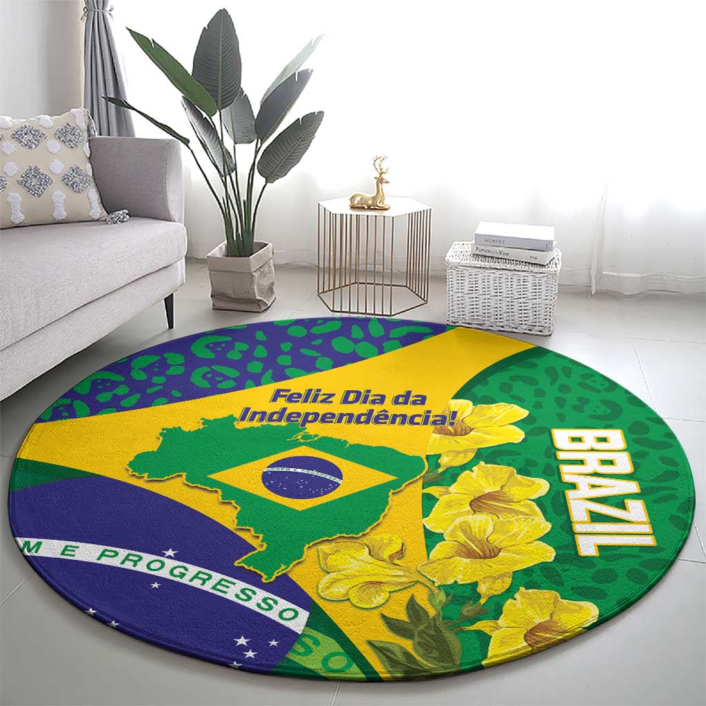 Brazil Independence Day Round Carpet Ordem e Progresso Map With Golden Trumpet - Wonder Print Shop