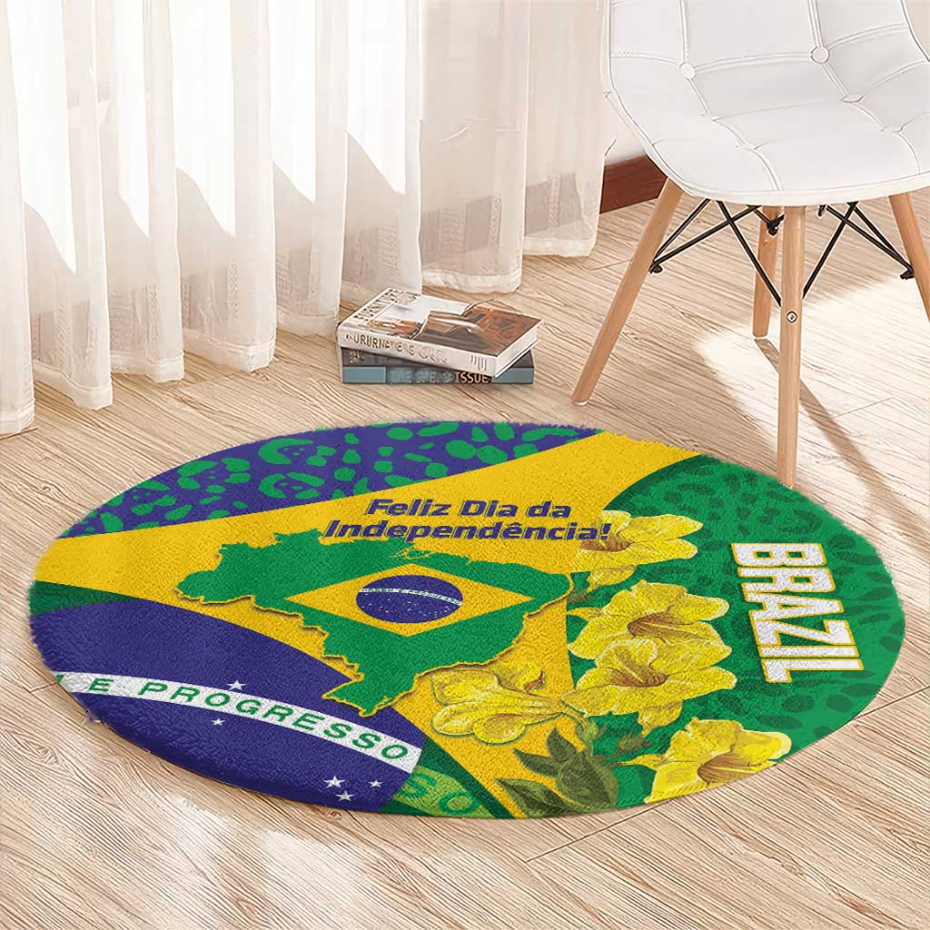 Brazil Independence Day Round Carpet Ordem e Progresso Map With Golden Trumpet - Wonder Print Shop