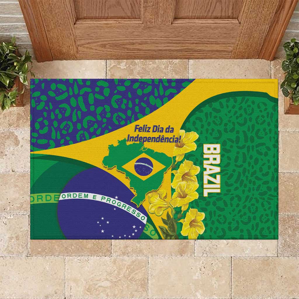 Brazil Independence Day Rubber Doormat Ordem e Progresso Map With Golden Trumpet - Wonder Print Shop