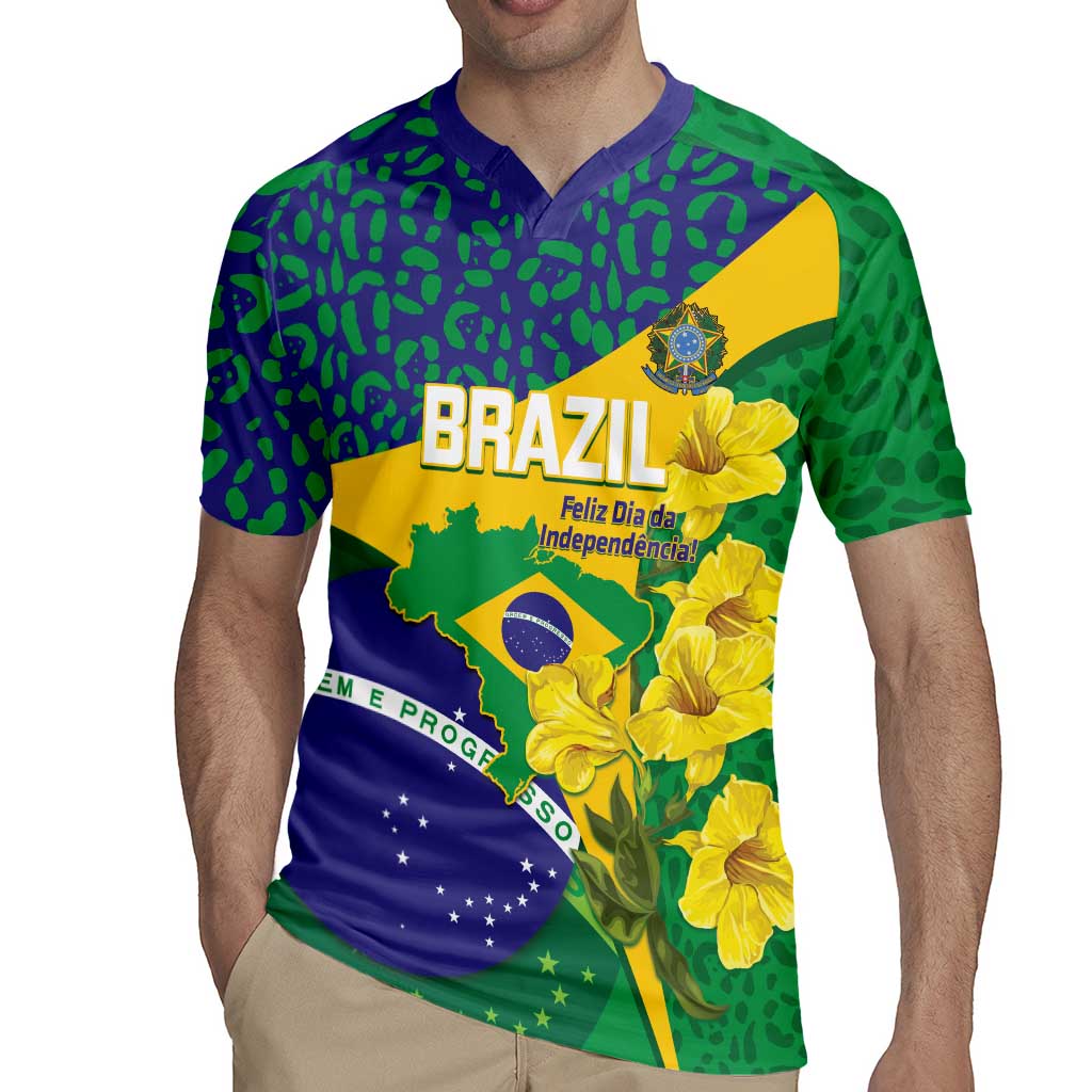 Brazil Independence Day Rugby Jersey Ordem e Progresso Map With Golden Trumpet - Wonder Print Shop
