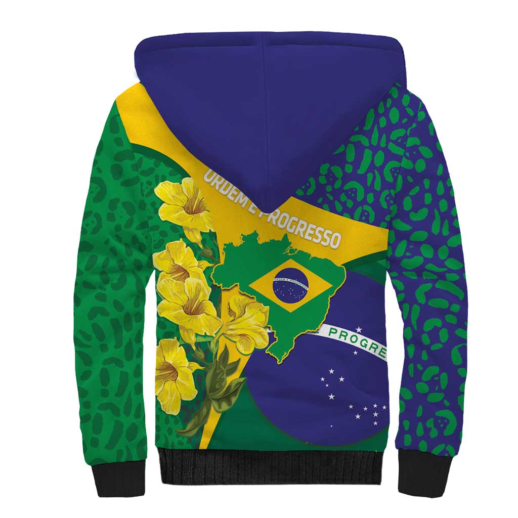 Brazil Independence Day Sherpa Hoodie Ordem e Progresso Map With Golden Trumpet - Wonder Print Shop