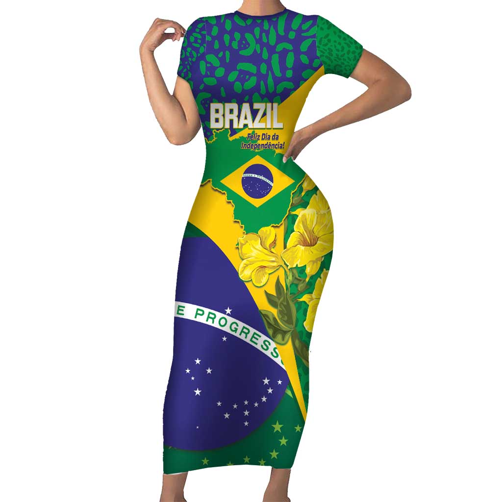 Brazil Independence Day Short Sleeve Bodycon Dress Ordem e Progresso Map With Golden Trumpet - Wonder Print Shop