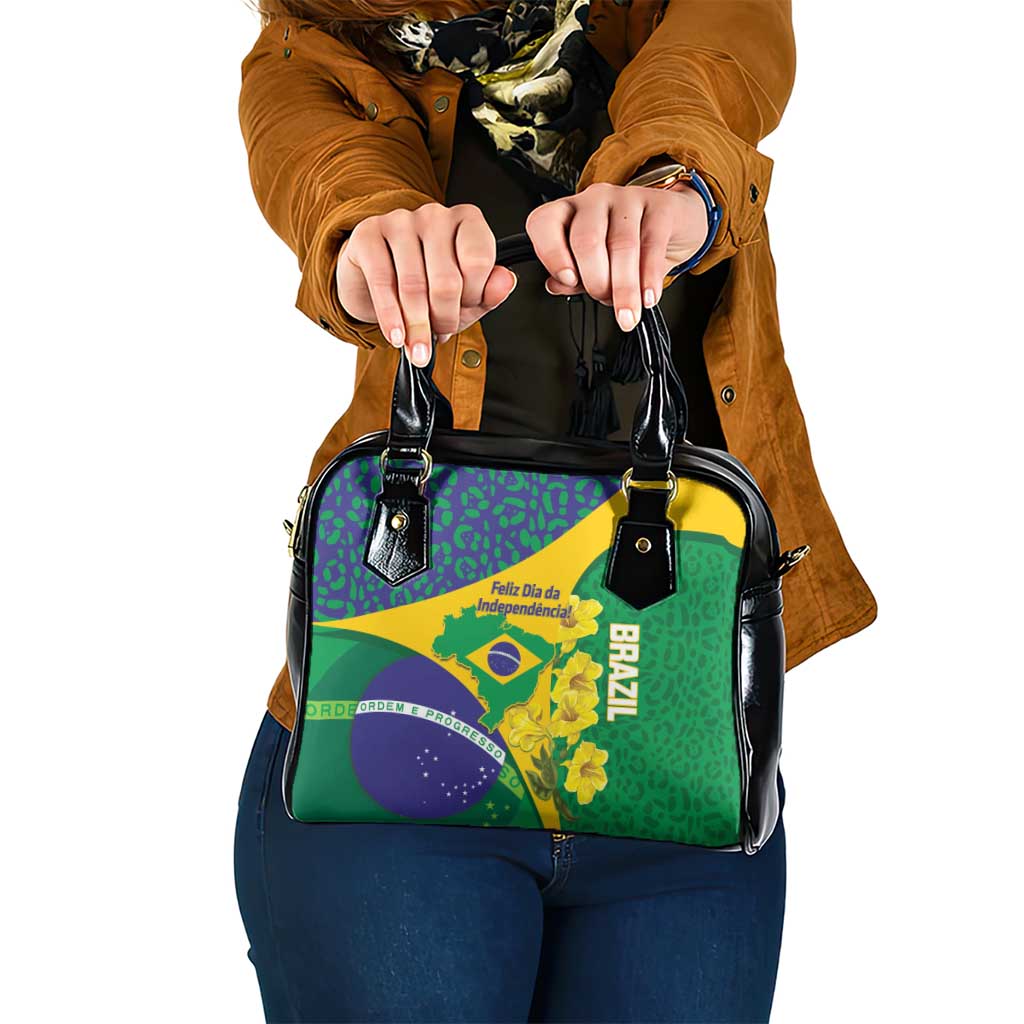 Brazil Independence Day Shoulder Handbag Ordem e Progresso Map With Golden Trumpet - Wonder Print Shop