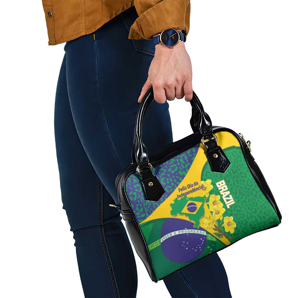 Brazil Independence Day Shoulder Handbag Ordem e Progresso Map With Golden Trumpet - Wonder Print Shop