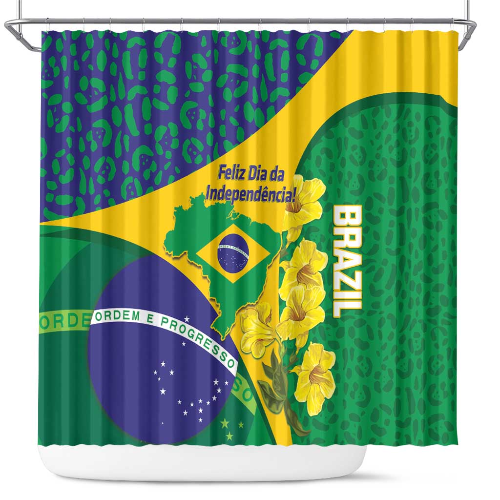 Brazil Independence Day Shower Curtain Ordem e Progresso Map With Golden Trumpet - Wonder Print Shop