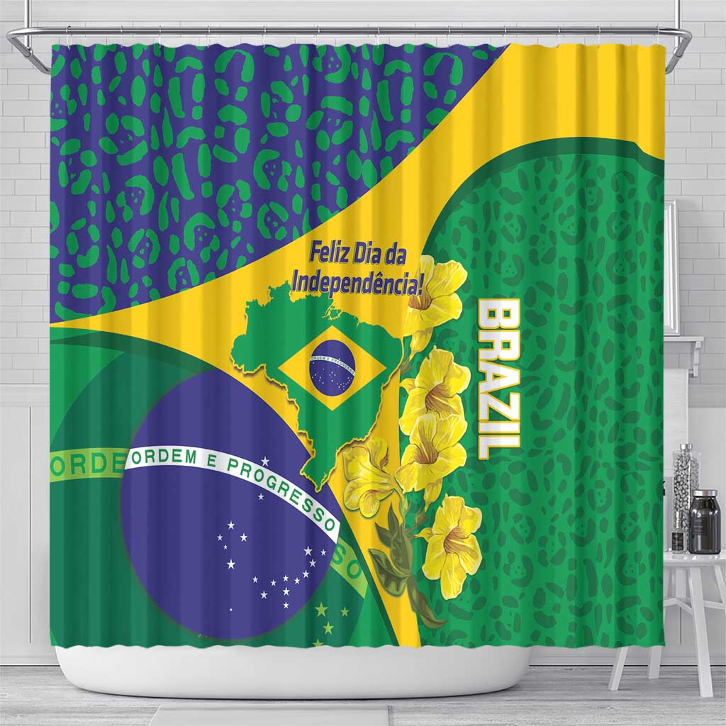 Brazil Independence Day Shower Curtain Ordem e Progresso Map With Golden Trumpet - Wonder Print Shop