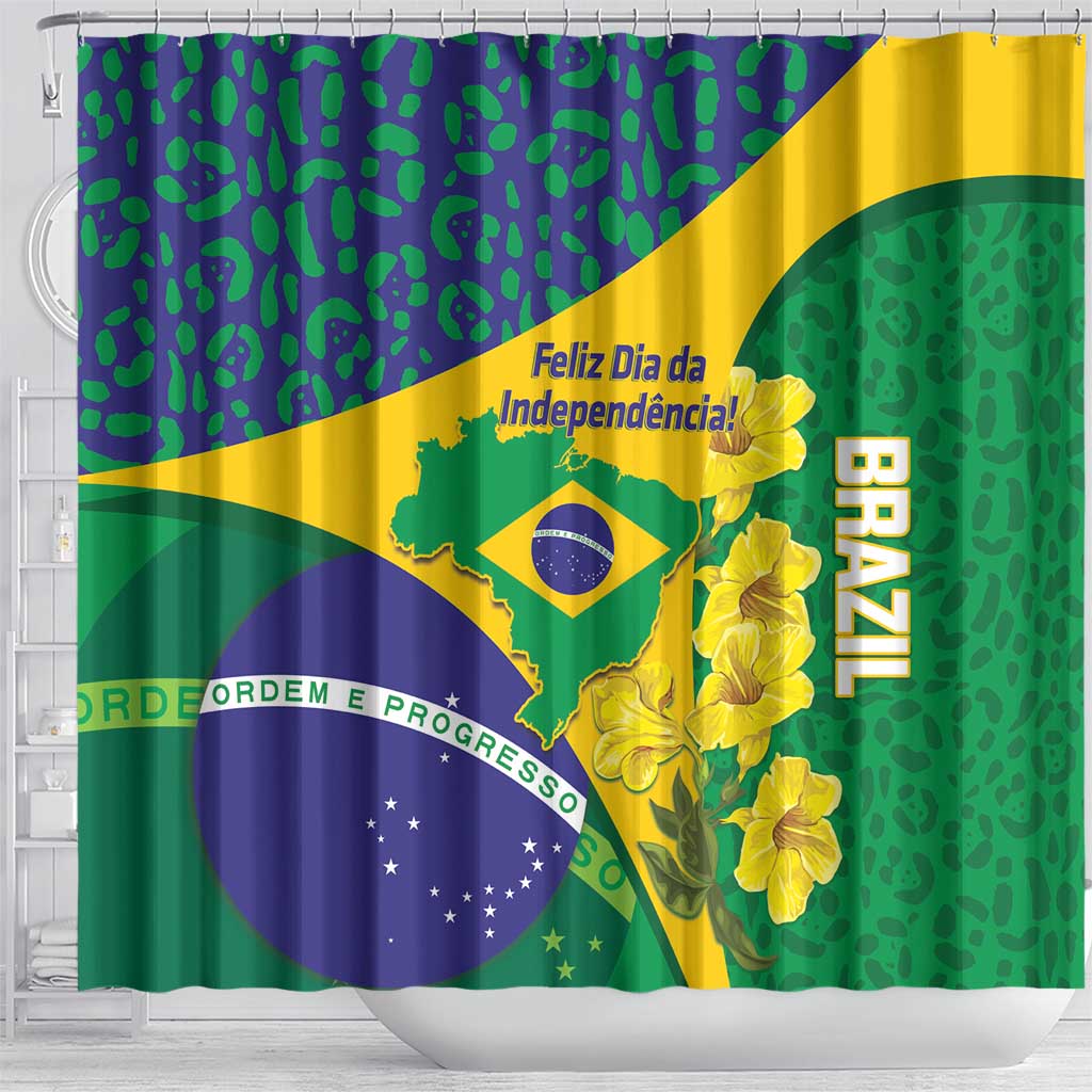 Brazil Independence Day Shower Curtain Ordem e Progresso Map With Golden Trumpet - Wonder Print Shop