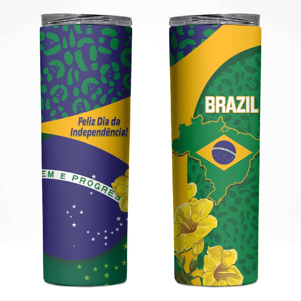 Brazil Independence Day Skinny Tumbler Ordem e Progresso Map With Golden Trumpet - Wonder Print Shop