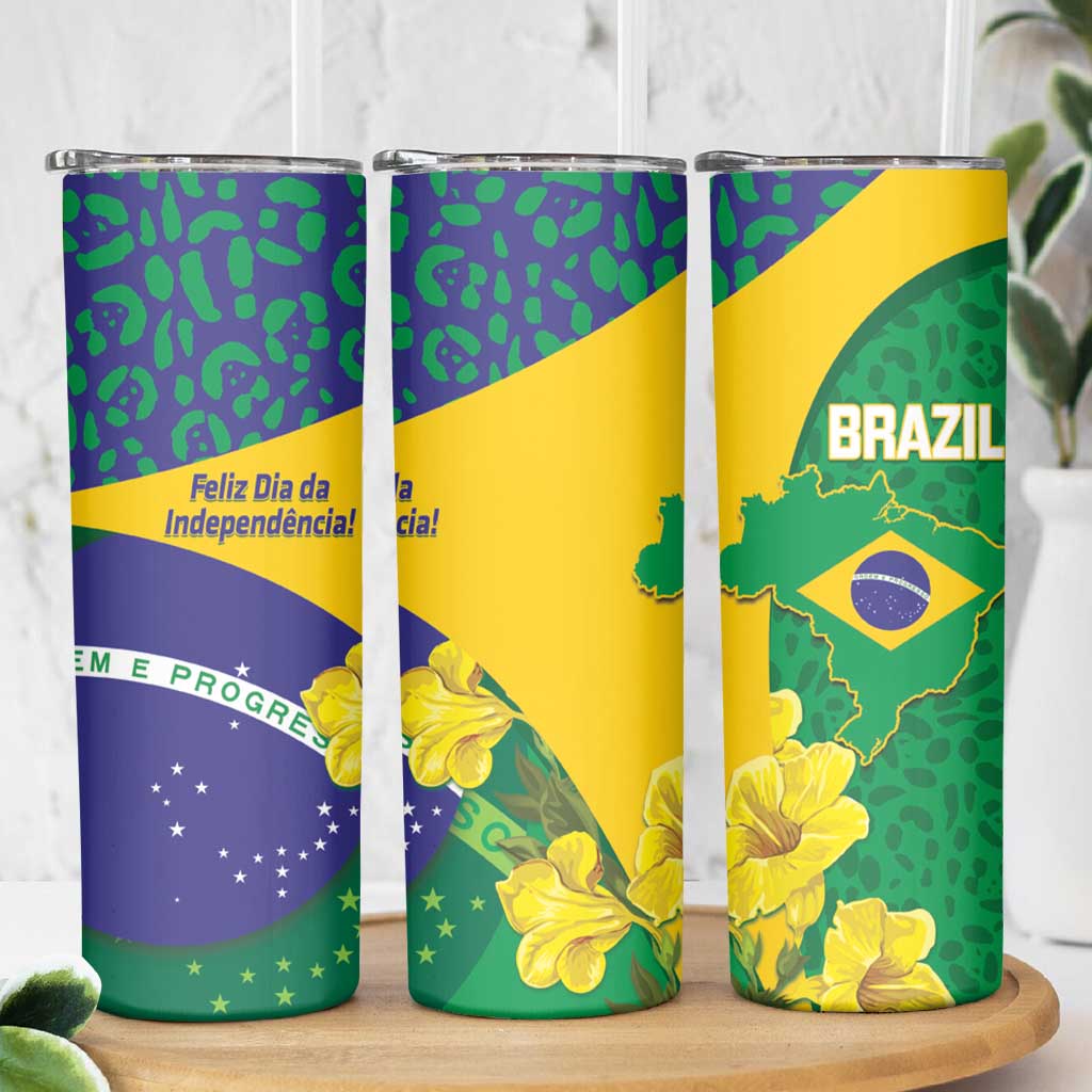 Brazil Independence Day Skinny Tumbler Ordem e Progresso Map With Golden Trumpet - Wonder Print Shop