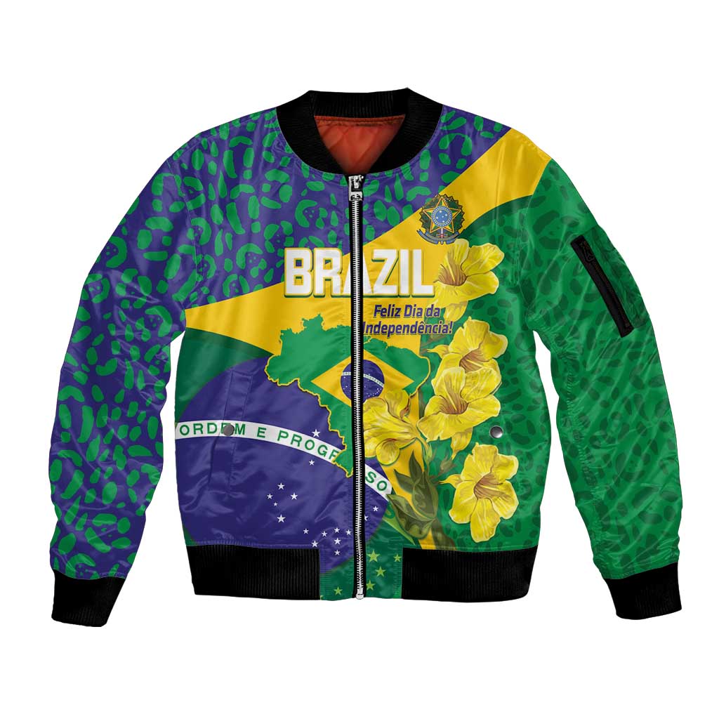 Brazil Independence Day Sleeve Zip Bomber Jacket Ordem e Progresso Map With Golden Trumpet - Wonder Print Shop