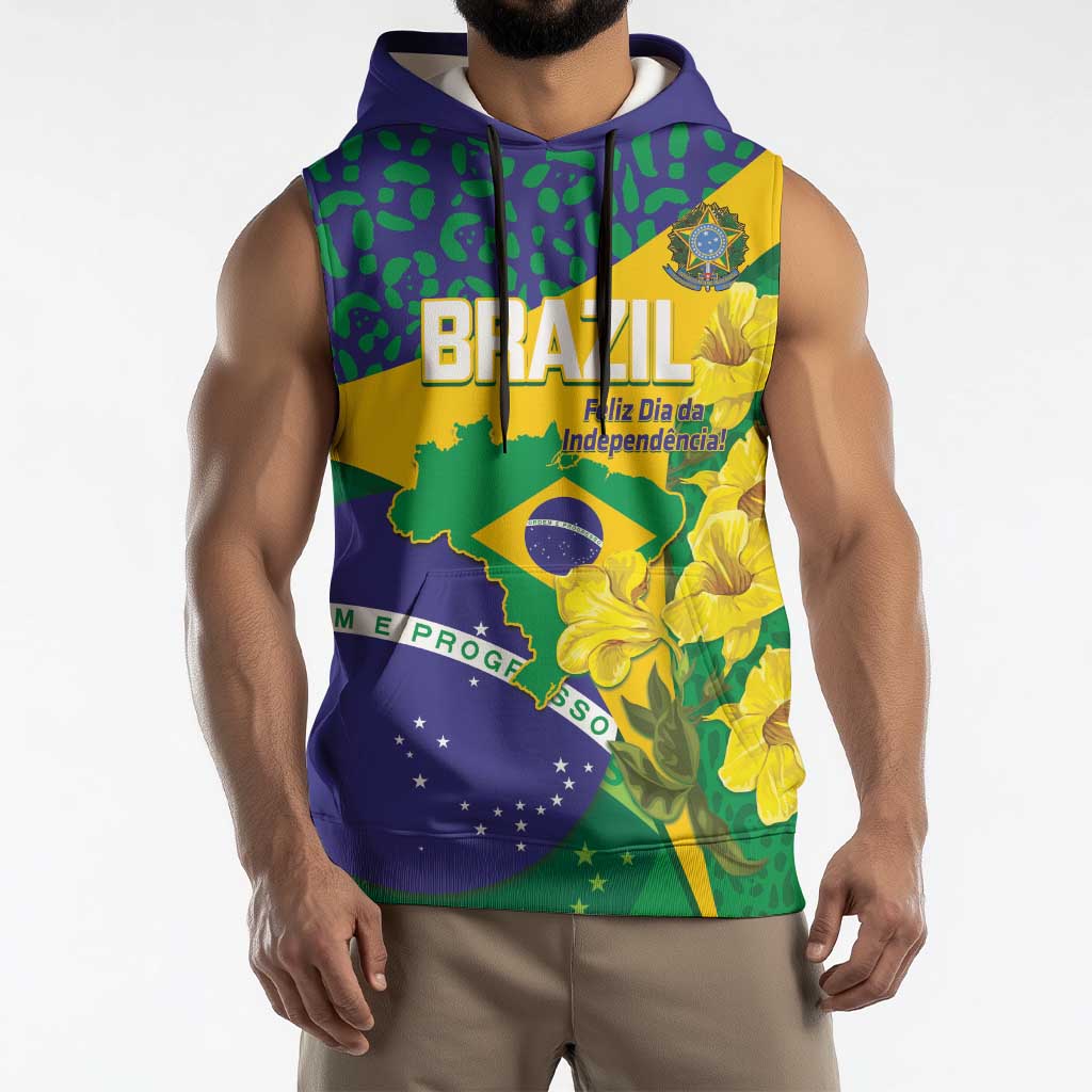 Brazil Independence Day Sleeveless Hoodie Ordem e Progresso Map With Golden Trumpet - Wonder Print Shop