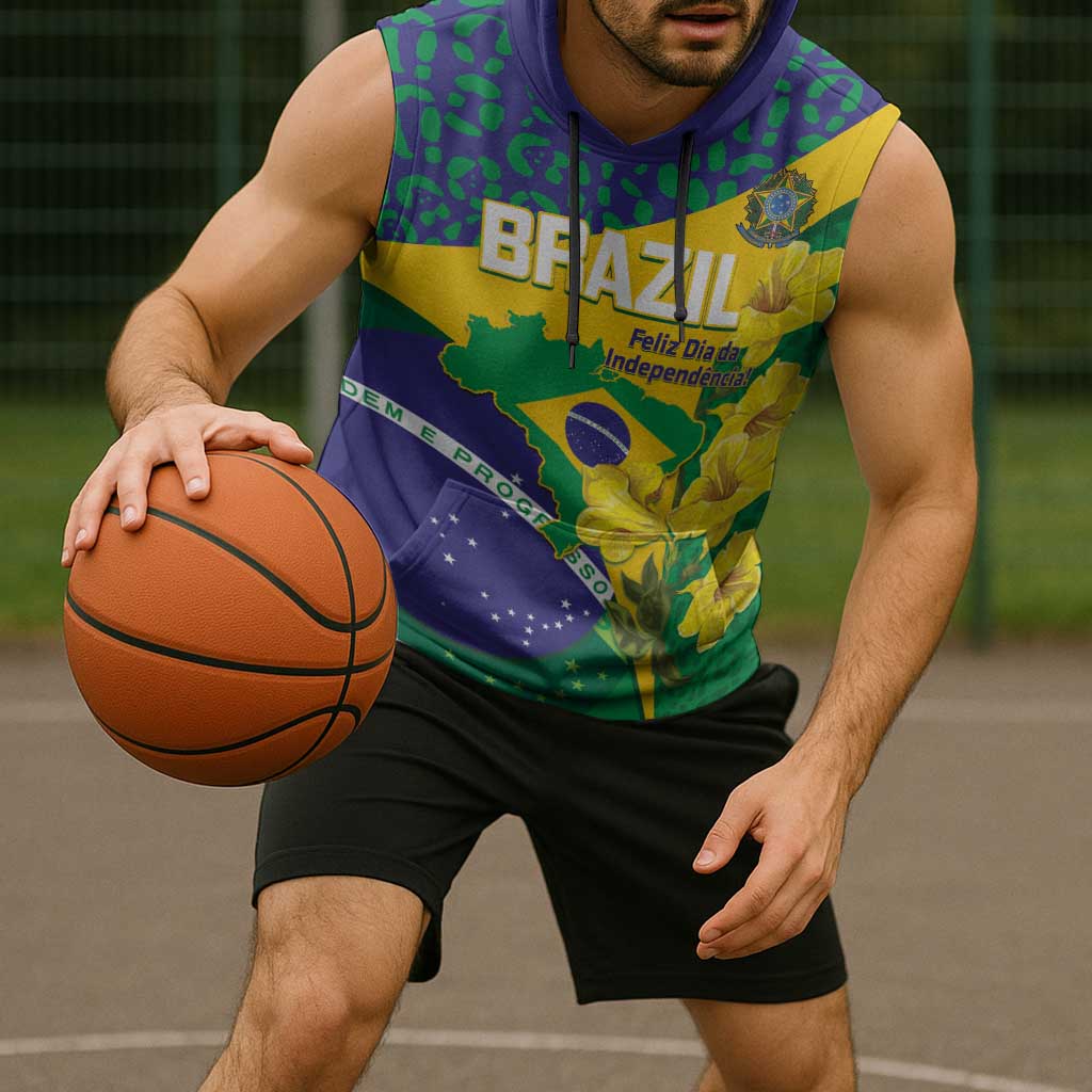 Brazil Independence Day Sleeveless Hoodie Ordem e Progresso Map With Golden Trumpet - Wonder Print Shop