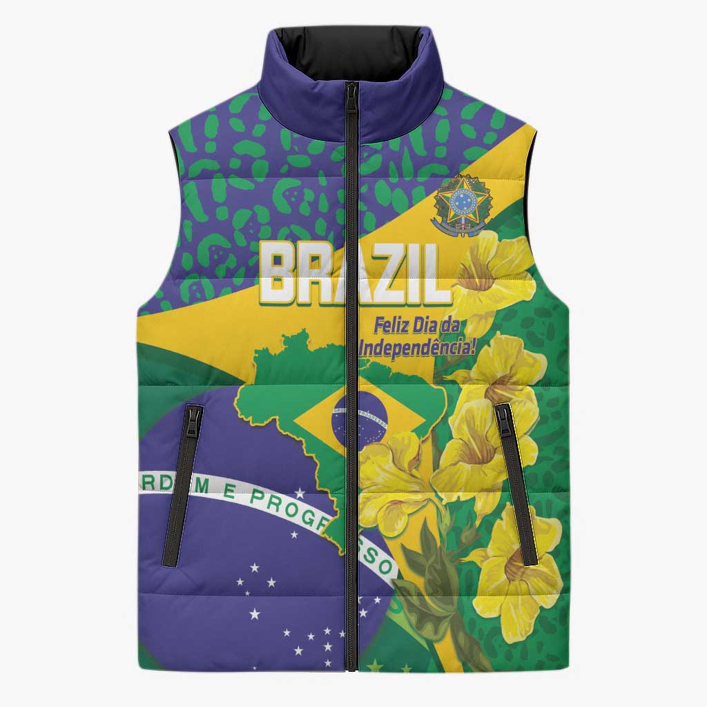 Brazil Independence Day Sleeveless Puffer Jacket Ordem e Progresso Map With Golden Trumpet - Wonder Print Shop