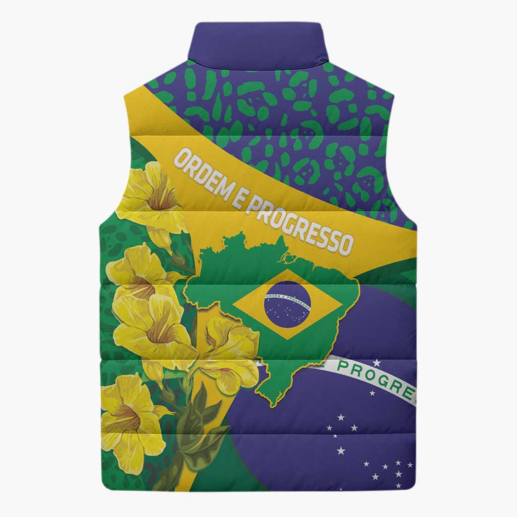 Brazil Independence Day Sleeveless Puffer Jacket Ordem e Progresso Map With Golden Trumpet - Wonder Print Shop