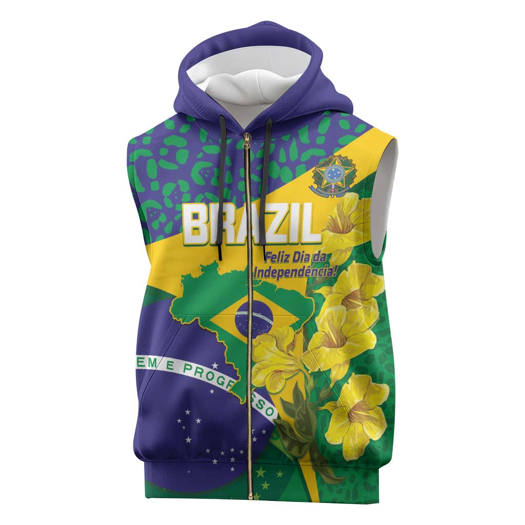 Brazil Independence Day Sleeveless Zip Hoodie Ordem e Progresso Map With Golden Trumpet - Wonder Print Shop