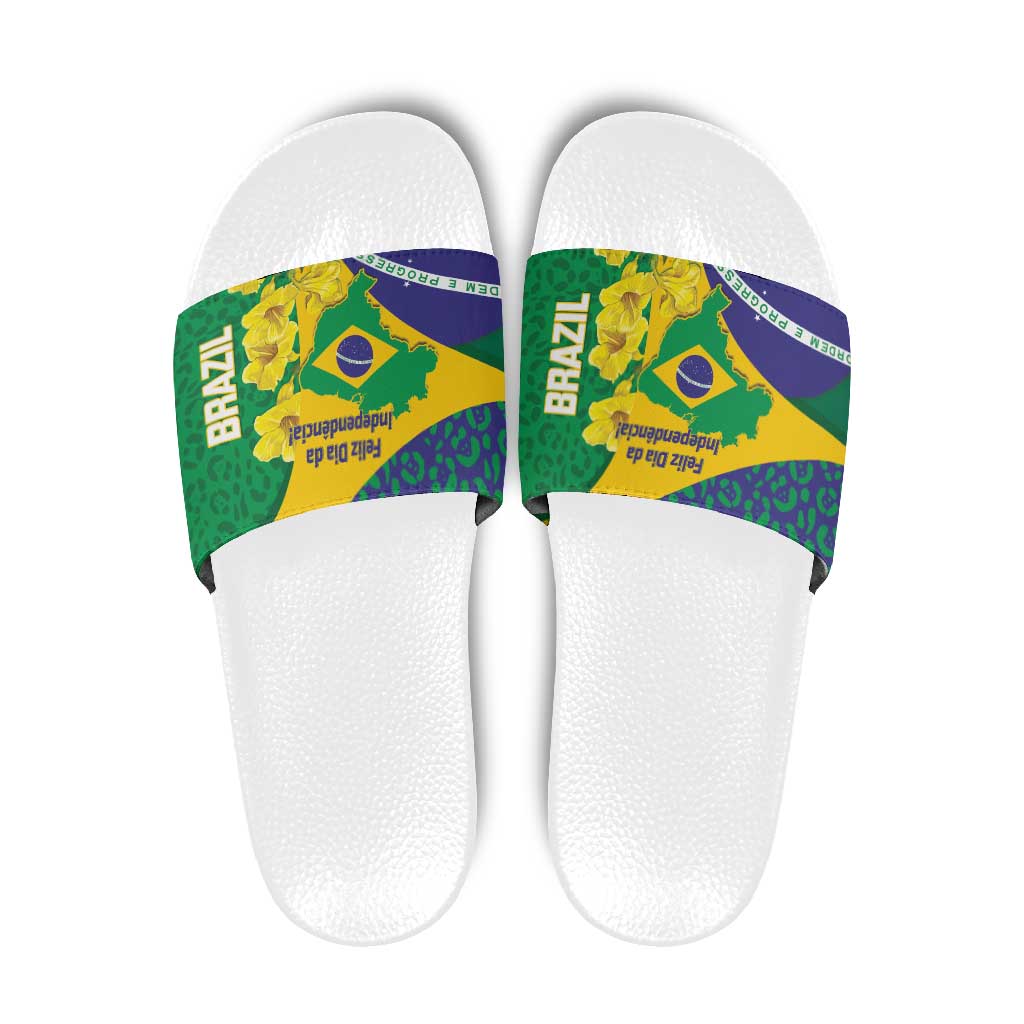 Brazil Independence Day Slide Sandals Ordem e Progresso Map With Golden Trumpet - Wonder Print Shop